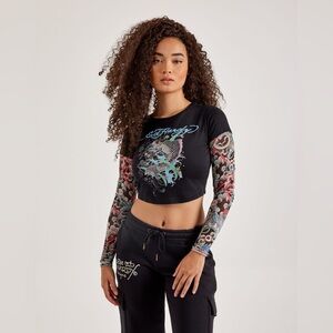 RARE Ed Hardy Koi Fish Mesh Tattoo Long Sleeve Shirt Y2K Crop Top Size Small